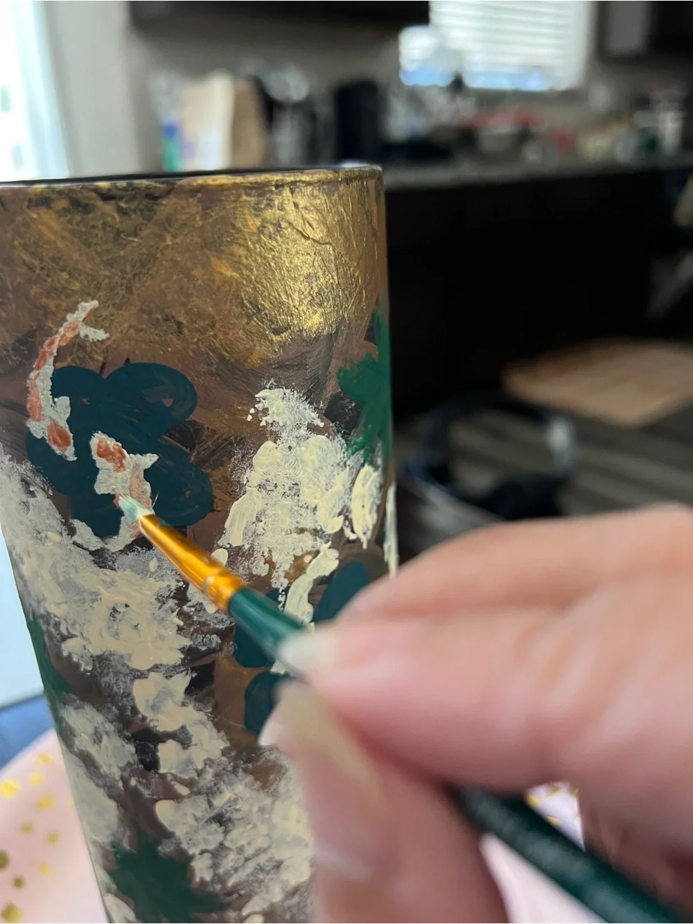 Gold Floral Hand-Painted Glass Vase -New